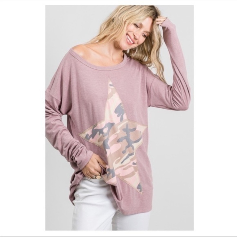 Slouchy Round Neck Top With Camouflage Star Detail